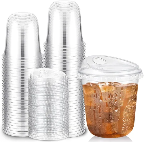 Vista 10 de Baderke 100 vasos de plástico con tapas para sorber, fondo redondo, vasos de café de plástico desechables con tapas, tazas de cristal transparentes