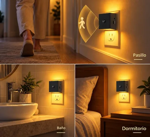 Vista 3 de L LOHAS LED Luz nocturna enchufable con sensor de movimiento y sensor de Negro