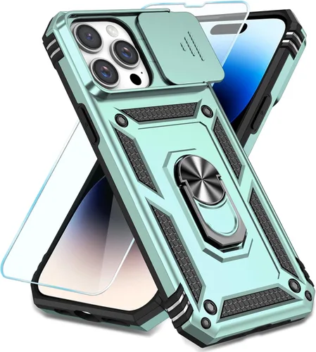 Vista 30 de SunStory Compatible con iPhone 13 Case/iPhone 14 Case con Protector de Pantalla HD y Cubierta de Cámara Deslizante y Soporte de Anillo Giratorio