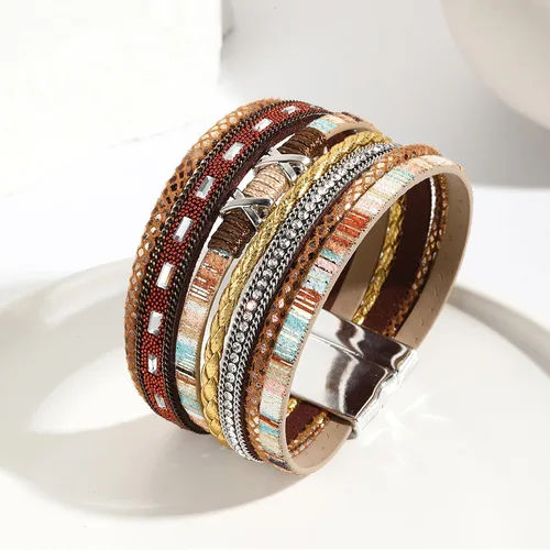 Vista 2 de Long tiantian Pulsera de cuero multicapa hecha a mano, pulseras bohemias de cristal trenzado en capas para mujeres, pulseras de cuero, joyería