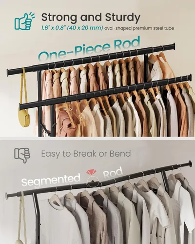 Vista 3 de SONGMICS Perchero de Ropa, Perchero de Ropa Rodante de Servicio Pesado con Ruedas, Barras Colgantes Dobles Extensibles y Altura Ajustable, Portátil