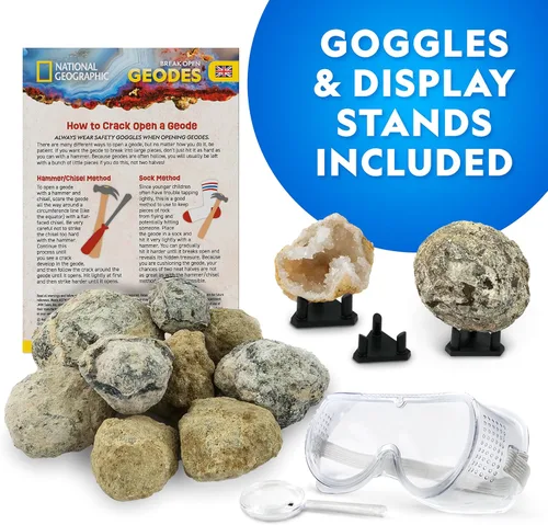 Vista 6 de Abre 15 geodas y explora los cristales con National Geographic Extra-Large Natural Specimens, Safety Goggles, Real Crystals Inside, Break Your Own