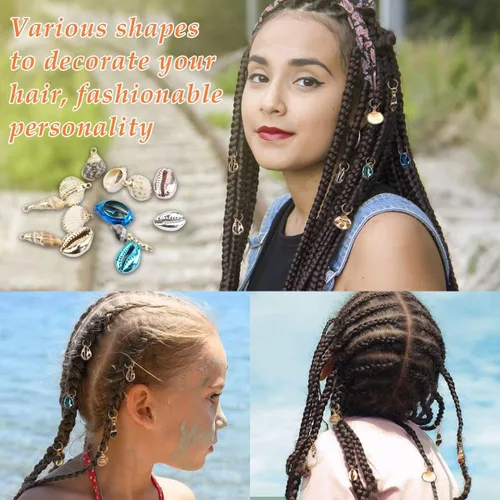 Vista 5 de FERCAISH Accesorios trenzados para el cabello, 13 piezas de diferentes conchas de coleta, joyería para el cabello, colgantes de esmalte de concha