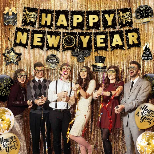 Vista 2 de Decoraciones de Año Nuevo 2025, suministros de fiesta de feliz año nuevo negro dorado con banderines, espirales colgantes, accesorios de cabina