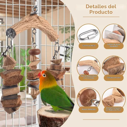 Vista 3 de DBNESS - Juguetes de loros para pájaros, colgantes medianos y grandes, bloques de madera para masticar con jaula de masticar natural de acero