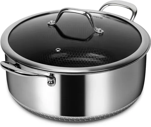 Vista 11 de Cacerola híbrida antiadherente de 1.5 cuartos de galón con tapa, olla de panal de acero inoxidable con dos boquillas de vertido, compatible