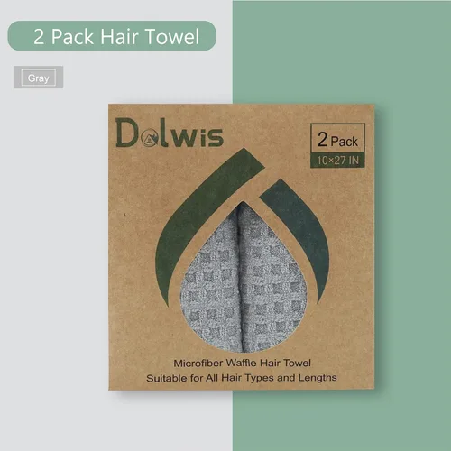 Vista 6 de Dolwis Toalla de secado de pelo de microfibra, 2 paquetes de turbante de pelo largo tipo waffle, paño de rizo de secado rápido, absorbente y Gris