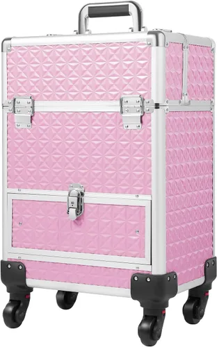 Vista 11 de Estuche de maquillaje profesional, estuche de aluminio para cosméticos con ruedas silenciosas, 4 bandejas plegadas y varilla retráctil, capacidad