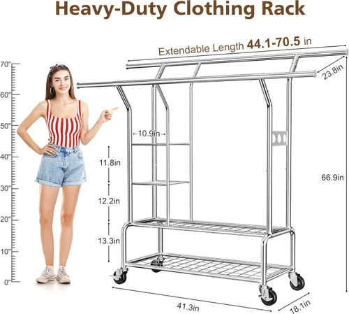Vista 7 de Perchero resistente con ruedas para colgar ropa 4-Tier Shelves, Extendable Rod, Stainless Steel, Rolling Clothing Rack, Garment Rack Load Over 630