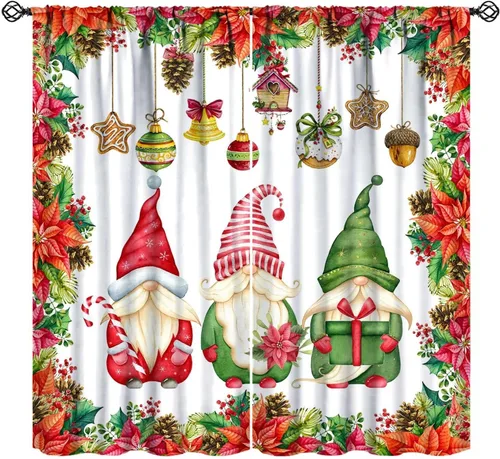 Vista 16 de Cortinas de Navidad de gnomo, bolas de árbol de Navidad, luces, regalos, decoración de tablones para sala de estar, dormitorio, bolsillo para barra