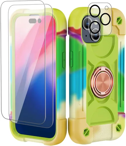 Vista 106 de Funda para iPhone 11 de 6.1 pulgadas con soporte de anillo, con 2 protectores de pantalla de vidrio, resistente a los golpes, resistente a