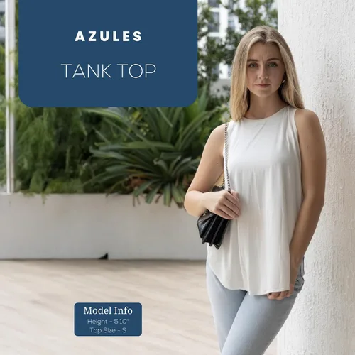 Vista 2 de Azules Camisetas sin mangas para mujer, con vuelo, cuello redondo, elegante, dobladillo curvado, ajuste holgado, Marfil, 1X