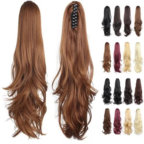 Vista 107 de Extensiones de cola de caballo, extensiones de cabello de cola de caballo con clip de garra marrón oscuro para mujer, pieza de cabello rizado
