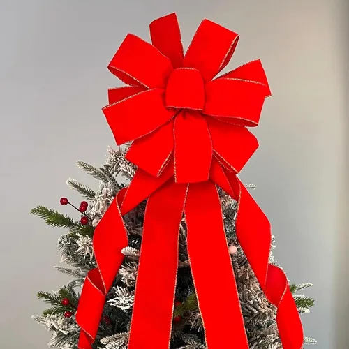 Vista 7 de Lazos grandes de Navidad, 2 unidades, lazos de terciopelo rojo con alambre dorado con colas largas para corona floral, decoración del árbol