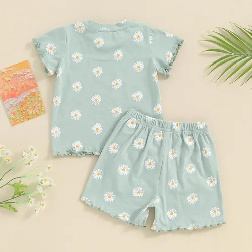 Vista 7 de fhutpw Conjunto de ropa de verano para niñas pequeñas, camisetas de manga corta con volantes de margaritas, tops y pantalones cortos florales, 2