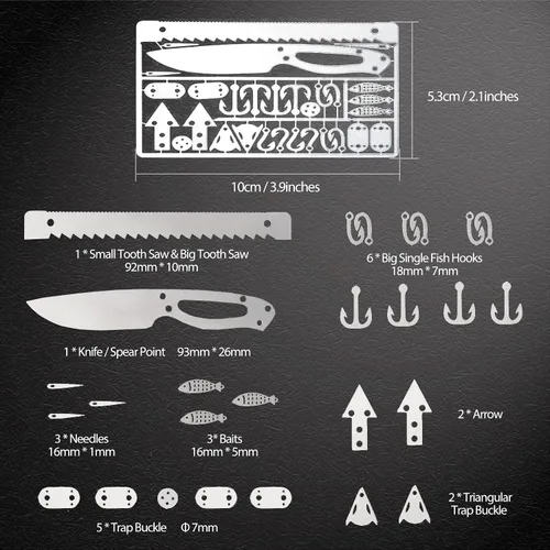 Vista 9 de Hukado Kit de 9 tarjetas de supervivencia multiherramienta para acampar con equipo de línea de pesca, cartera de tarjetas de crédito multiusos