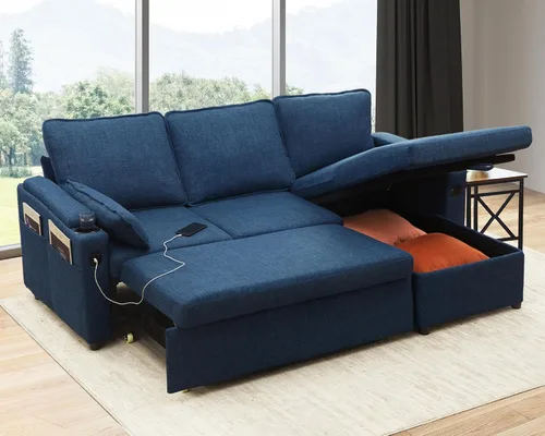 Vista 11 de Sofá cama extraíble 2 en 1 sofá cama seccional sofá en forma de L con almacenamiento Sofás convertibles para sala de estar, puertos de carga USB