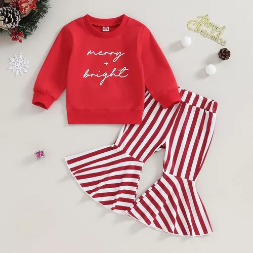 Vista 2 de Conjunto de sudadera de manga larga con estampado de letras y pantalones acampanados a rayas, ropa de invierno