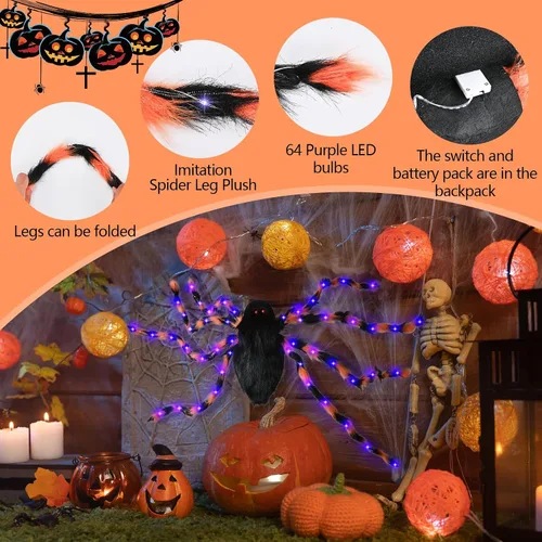 Vista 3 de Disfraz de araña de Halloween para niños y adultos, mochila de caramelo de araña de 64 LED, divertido disfraz de araña de felpa con luces