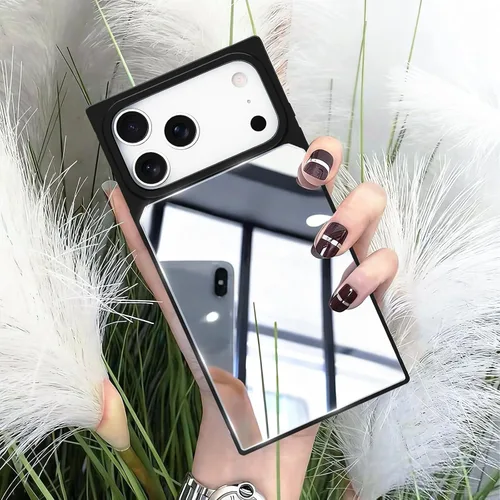 Vista 7 de LUVI Funda rectangular compatible con iPhone 14 para mujer, maquillaje, bonito diseño de espejo de cristal brillante de lujo con parachoques