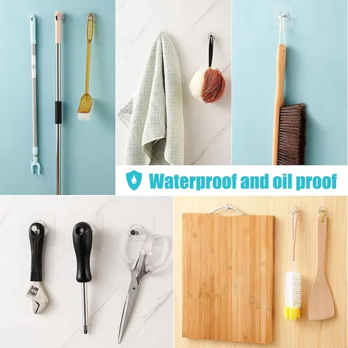 Vista 5 de Ganchos de pared adhesivos reutilizables de 13.5 libras (máx.) transparentes, impermeables y resistentes al aceite para baño y cocina, resistentes