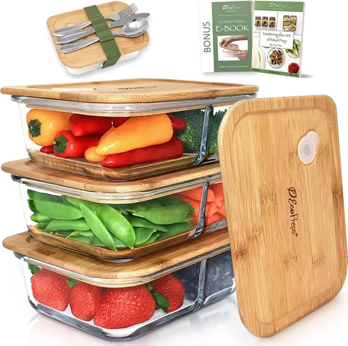 Vista 9 de EcoPreps Contenedores de vidrio para preparación de comidas con tapas de bambú, juego de recipientes de vidrio de 2 compartimentos (paquete de 3)
