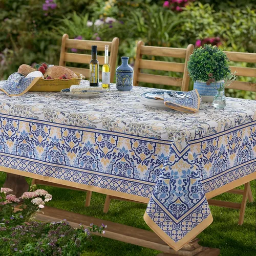 Vista 3 de Home Bargains Plus Servilletas rectangulares de tela, juego de 8 servilletas, estampado floral amarillo y azul, servilletas resistentes al agua y a