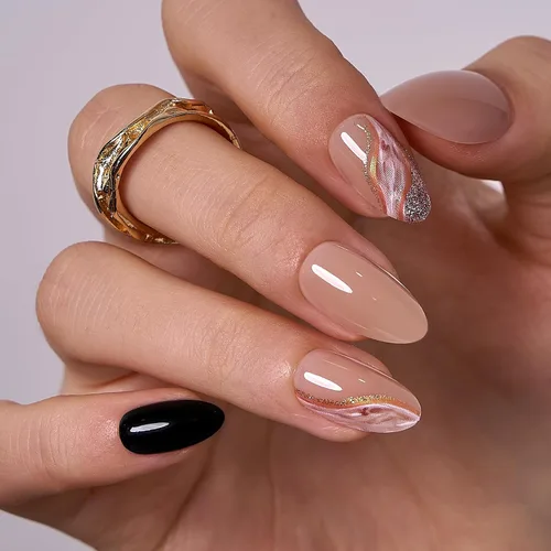 Vista 15 de Curvlife Uñas postizas a presión de almendra mediana, punta francesa negra dorada con pegamento, longitud media, color negro mate con borde de línea