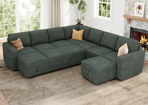 Vista 19 de HONBAY Sofá cama modular modular con cama extraíble, sofá en forma de L con almacenamiento, sofás modulares seccionales para sala de estar
