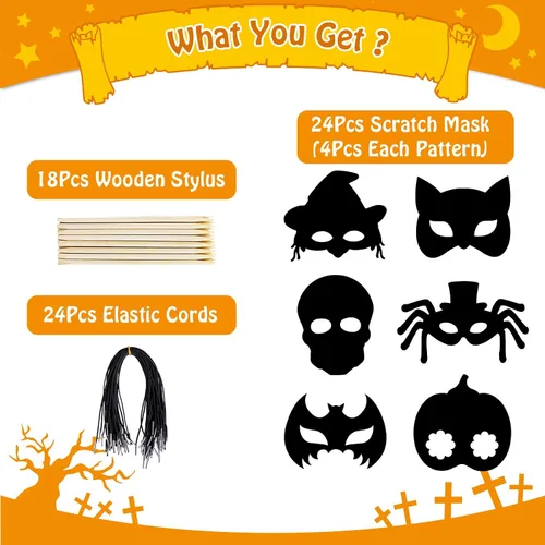 Vista 2 de MGparty Juego de 24 máscaras de rascar de Halloween para manualidades, arte de papel mágico para niños, actividades en el aula, recuerdos de fiesta