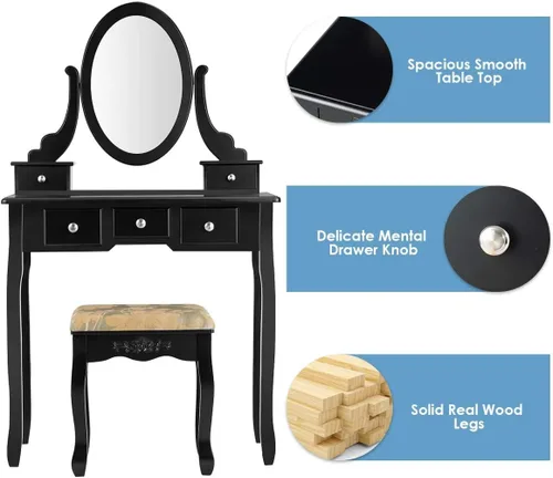 Vista 9 de LDAILY Juego de mesa de tocador estable con espejo giratorio de 360°, escritorio de maquillaje con taburete acolchado y 5 cajones para espacios
