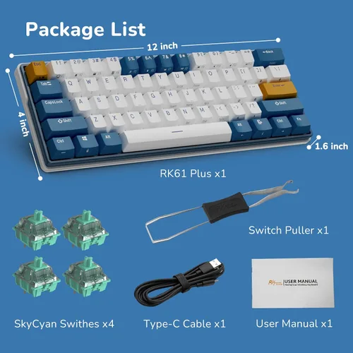 Vista 9 de RK ROYAL KLUDGE RK61 Plus Teclado Mecánico Inalámbrico, 60% Teclado Gaming con Bluetooth/2.4G/USB Cableado, Teclados PC Gaming Intercambiables