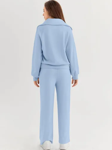 Vista 4 de AUTOMET Conjunto deportivo de 2 piezas para mujer, ropa de descanso, con cremallera de un cuarto, sudadera con pantalones de pierna ancha