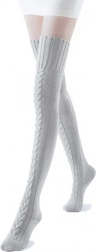 Vista 2 de Pcavin Calcetines altos hasta el muslo para mujer, por encima de la rodilla, calcetines de punto trenzado, calentadores de piernas largos y cálidos
