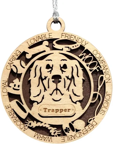 Vista 200 de Adorno de Navidad personalizado para perro Cavalier King Charles Spaniel, redondo de 3 pulgadas, madera cortada con láser de 2 capas, nombre y texto