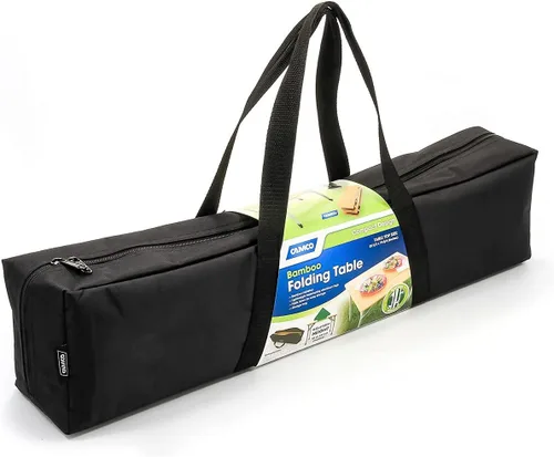 Vista 7 de Camco Mesa de camping plegable de bambú con patas de aluminio, parte superior de bambú natural mide 25 ½ x 19 ¾ pulgadas y soporta hasta 85 libras