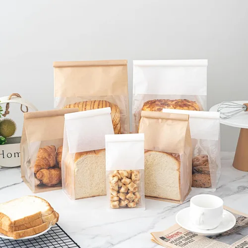 Vista 5 de 50 bolsas de pan con lazo de lata, bolsas para pan hechas de papel de algodón marrón, bolsa de embalaje de almacenamiento con ventana transparente