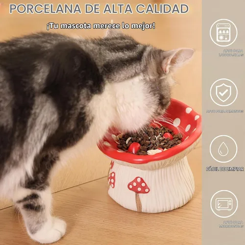 Vista 4 de Alimentador lento de cerámica para gatos, Tazón elevado de comida con forma de hongo lindo, Plato elevado poco profundo para gatos, Cuencos
