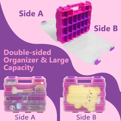 Vista 3 de Caja de herramientas rosa de 3 piezas, 50 compartimentos, caja de almacenamiento de piezas pequeñas de doble cara con divisores de plástico