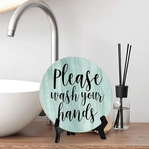 Vista 7 de Round Please Wash Your Hands, letrero decorativo de mesa de baño verde claro con caballete acrílico