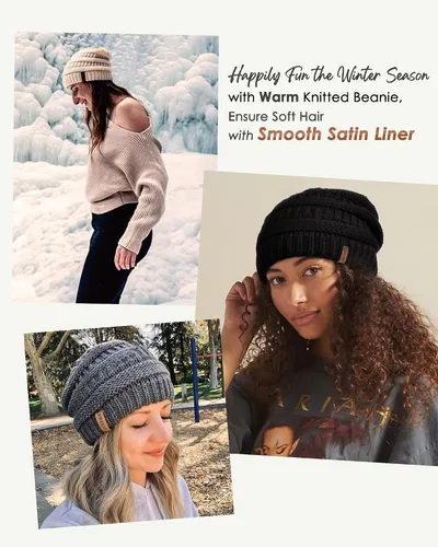 Vista 28 de FURTALK Gorro de invierno para mujer, con forro de satén, tejido trenzado, grueso, holgado, gorro cálido