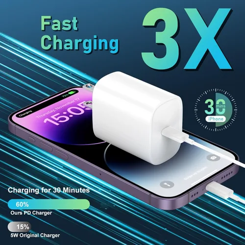 Vista 2 de DiHines Cargador rápido para teléfono 14 13 12 11, cable de carga Lightning de 3 pies con bloque de carga USB C de 20 W para teléfono 14/14 Pro