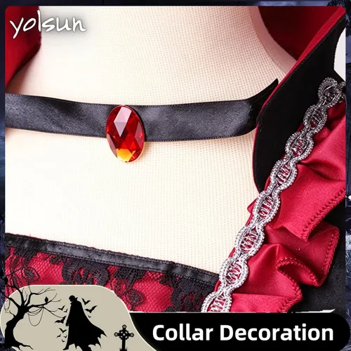 Vista 3 de yolsun Disfraz de vampiro para niñas, disfraz de reina medieval noble de Halloween Negro/Rojo
