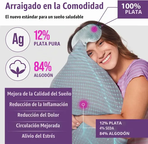 Vista 2 de Grounding - Funda de almohada tamaño Queen con 12% fibra de plata, 4% seda, 84% algodón - Funda de almohada certificada por SGS con conexión a Gris