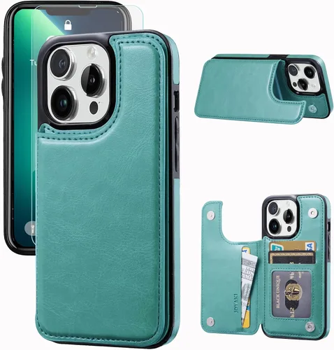 Vista 7 de Funda tipo cartera compatible con iPhone 13 Pro de 6.1 pulgadas, funda protectora delgada con tarjetero, piel sintética de alta calidad, ranuras