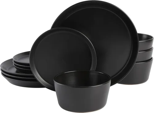 Vista 8 de Gibson Home Dempsey Road - Juego de vajilla de gres de 12 piezas – Servicio para 4, platos y cuencos redondos negros, juego moderno de platos