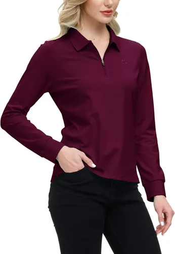 Vista 3 de JINSHI Polo de golf para mujer, de manga larga, con cremallera, deportiva, de secado rápido, atlética, casual, ajustada