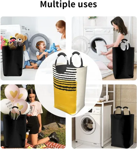 Vista 6 de Cesto de ropa sucia con estampado de líneas amarillas mostaza, impermeable, plegable, con asas, para el hogar, baño, dormitorio, dormitorio