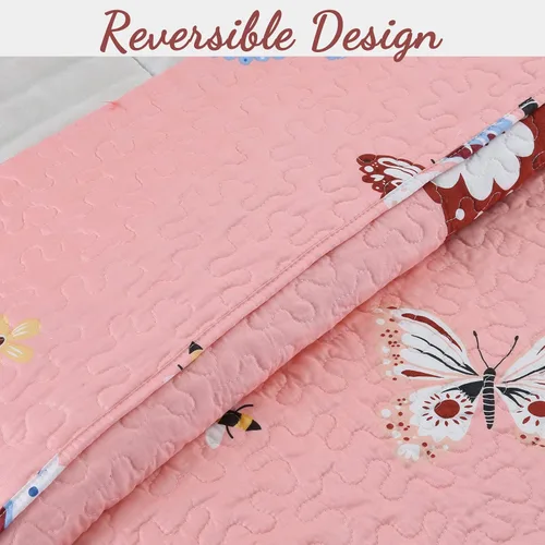 Vista 3 de Cozy Line Home Fashions Juego de colcha reversible de microfibra rosa para niñas (mariposas, tamaño individual, 2 piezas)