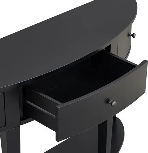 Vista 5 de LUMISOL Moderna mesa consola curvada con 3 cajones y 1 estante, mesa de sofá de entrada de media luna para sala de estar, color negro